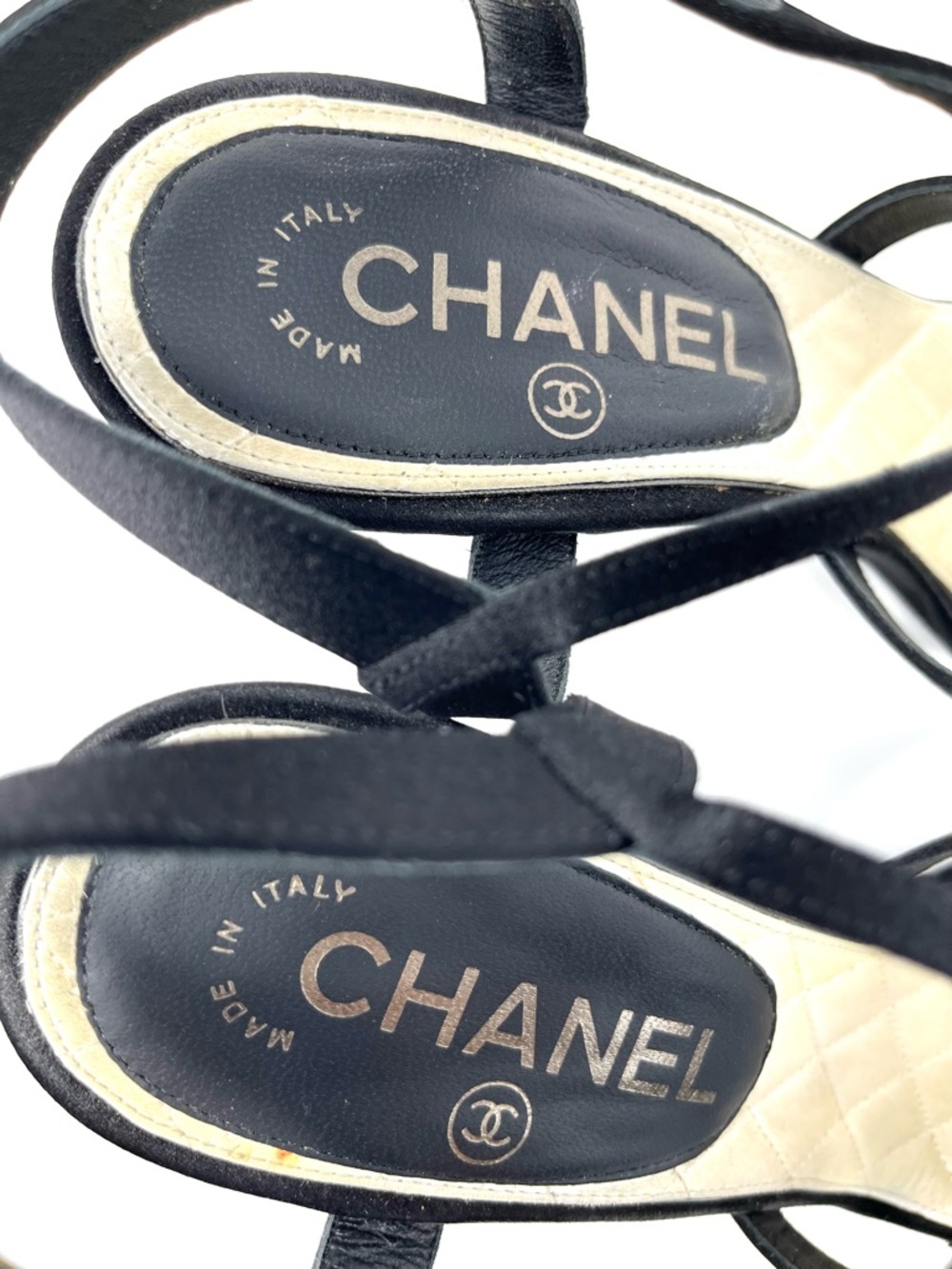 Chanel Strappy Black Satin Silver Crystal CC Logo High Heels Sandals Shoes 37 7 - Picture 7 of 11